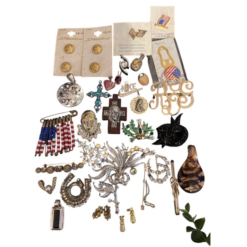 Vintage Jewelry Lot Brooches Pendants Nike Cross Religious Flag Rhinestone